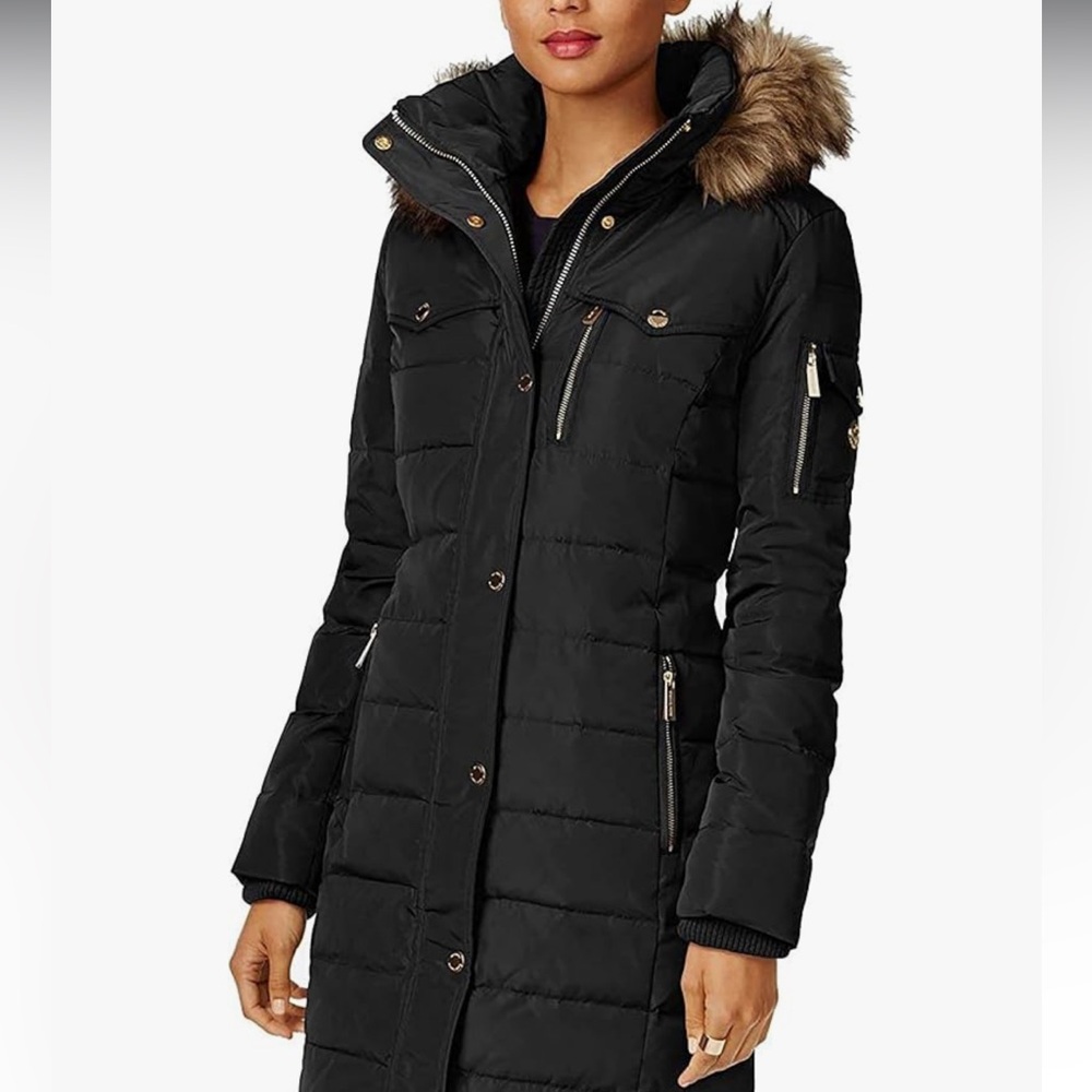 Michael kors long coat with faux fur hood